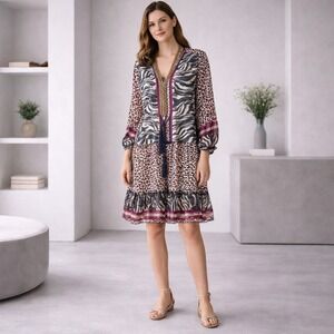 CASTING Animal Print Beaded Tunic Dress Sheer Boho Sundress France Made Size L